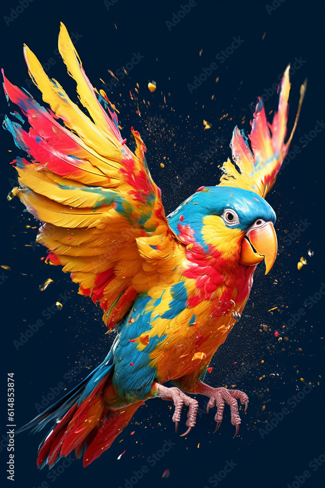 Poster an abstract surreal photograph of a lovebird splashed in bright paint, contemporary colors and mood 