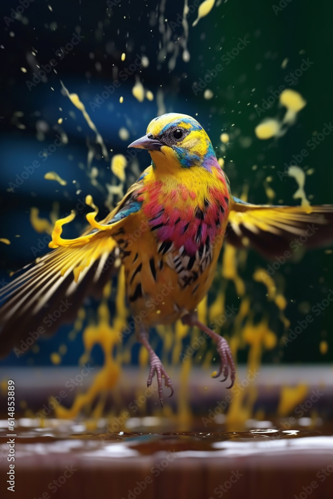 Poster an abstract surreal photograph of a finch splashed in bright paint, contemporary colors and mood soc