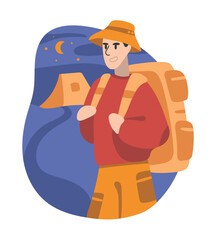 Smiling cartoon guy in hat walks at night with backpack to tent. Discovering new places during travel. Summer vacation trip. Travel agency tour. Adventure tourist and traveler. Vector