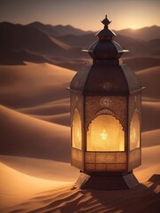 Islamic lantern with warm light, desert background