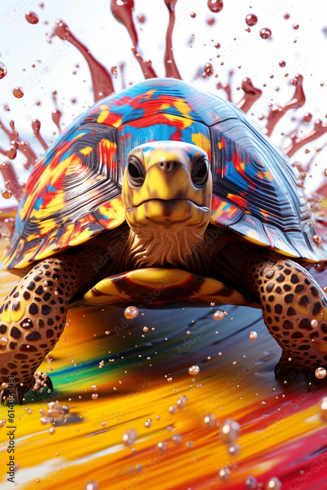 Poster an abstract surreal photograph of a tortoise splashed in bright paint, contemporary colors and mood 