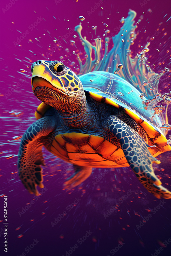 Poster An abstract surreal photograph of a Turtle splashed in bright paint, contemporary colors and mood social background. Generative AI technology.