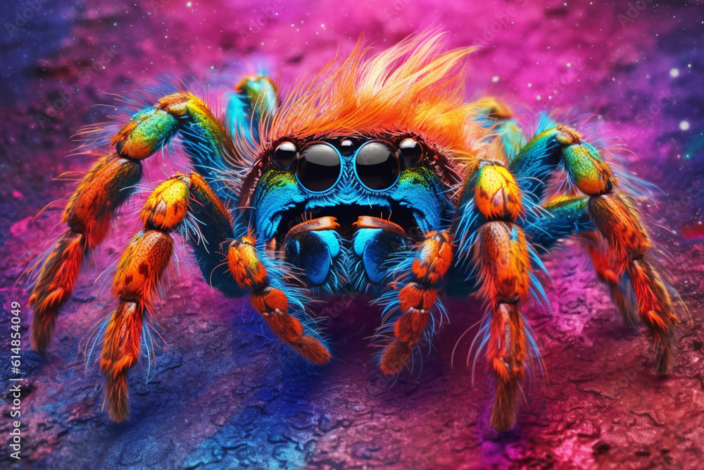 Poster an vibrant photograph of a tarantula splashed in bright paint, contemporary colors and mood social b