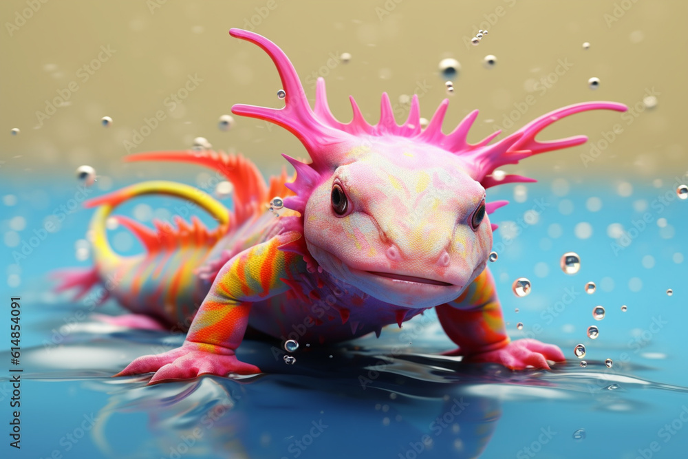 Poster an vibrant photograph of a axolotl splashed in bright paint, contemporary colors and mood social bac