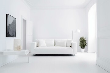 Modern white interior, minimalist sofa, decoration. Generative AI