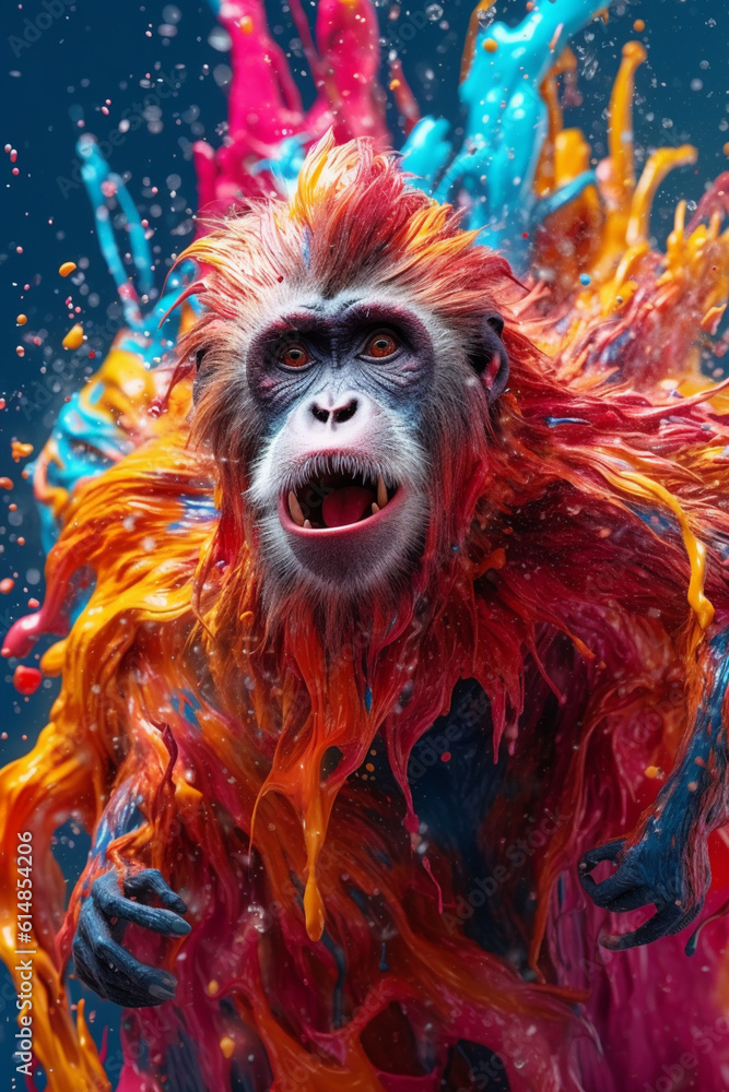 Poster an abstract surreal photograph of a monkey splashed in bright paint, contemporary colors and mood so