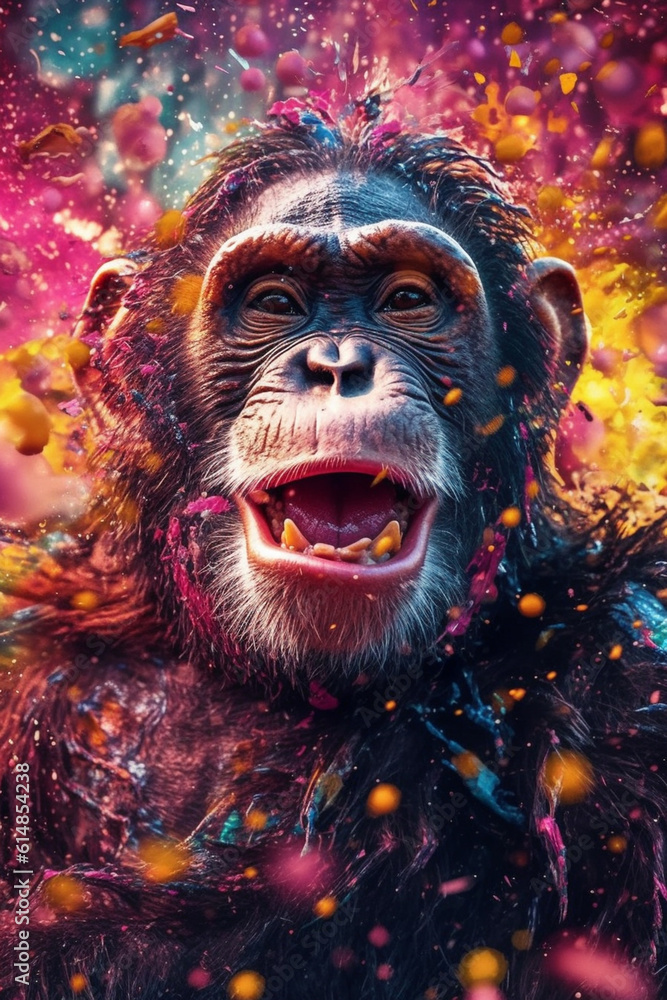 Poster an abstract surreal photograph of a chimpanzee splashed in bright paint, contemporary colors and moo