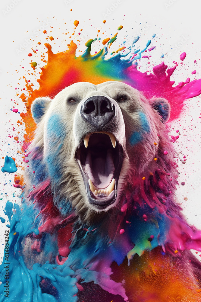 Poster an abstract surreal photograph of a bear splashed in bright paint, contemporary colors and mood soci