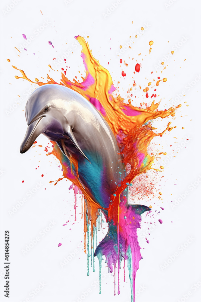 Poster an abstract surreal photograph of a dolphin splashed in bright paint, contemporary colors and mood s