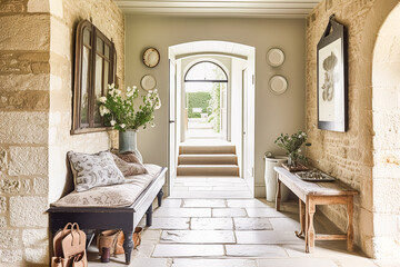 Cottage hallway decor, interior design and house improvement, welcoming entryway furniture, stairway and entrance hall home decor in an English country house, generative ai