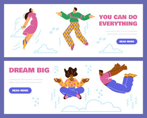 Set of website banner templates with flying people flat styl