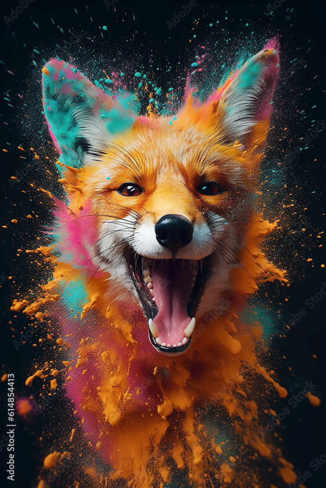 Poster an abstract surreal photograph of a fox splashed in bright paint, contemporary colors and mood socia