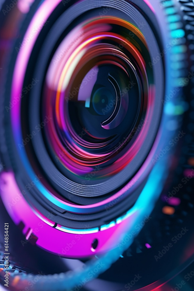 Leinwandbilder A macro shot of a camera lens capturing the fine details of its focusing ring and aperture blades, highlighting its mechanical functionality.  Generative AI technology.