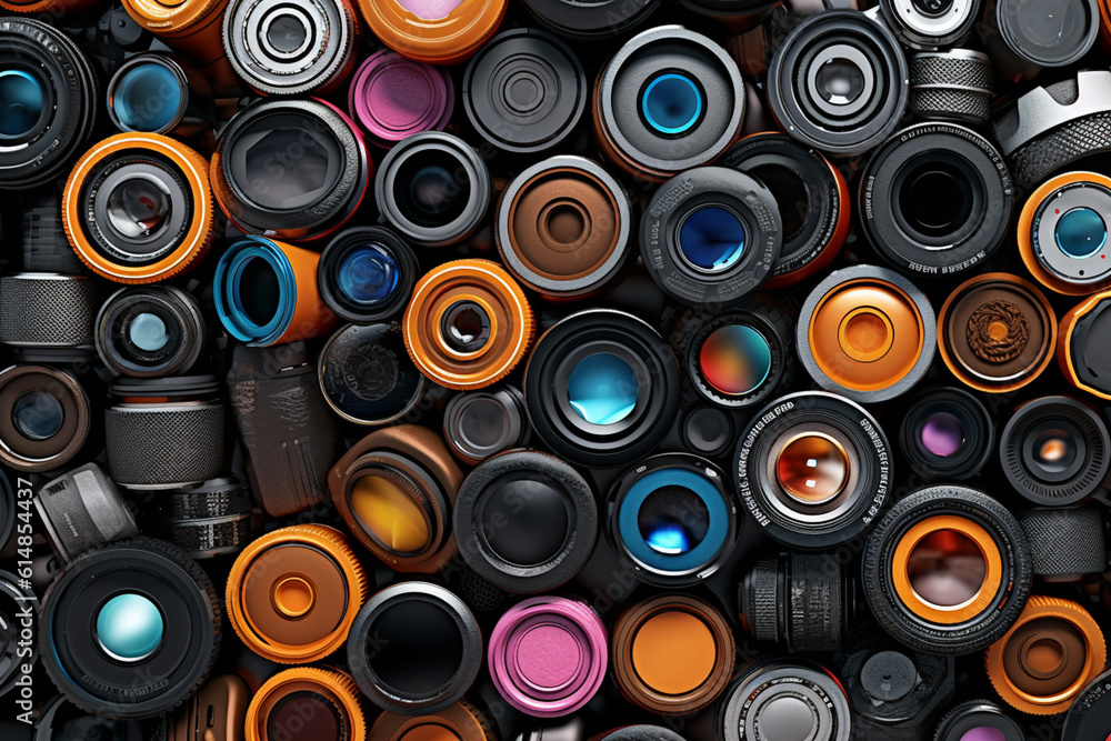 Poster a creative composite image of multiple camera lenses arranged in a visually appealing pattern, repre
