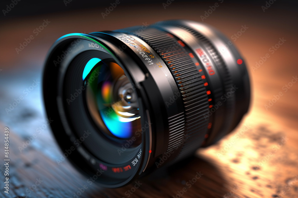 Aufkleber a product shot of a brand new camera lens, highlighting its key features and specifications, enticin