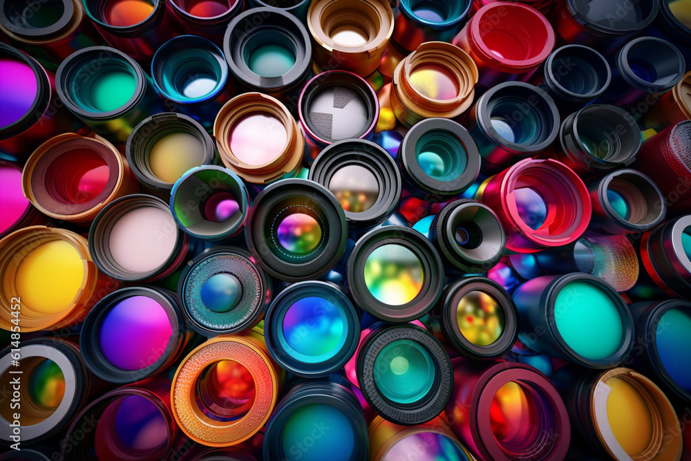 Poster An artistic composition of colorful camera lenses arranged in a circular pattern, representing the diversity and creativity of the photography community.  Generative AI technology.