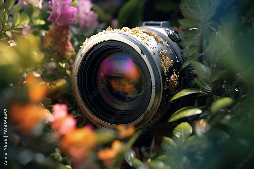 Poster A composite image of a camera lens merging with nature, such as blending into a tree branch or camouflaging in a flower, and the natural world.  Generative AI technology.