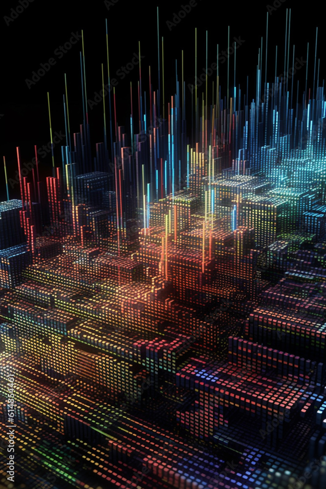 Poster a computer-generated of stock market chart lines forming intricate patterns and shapes, highlighting