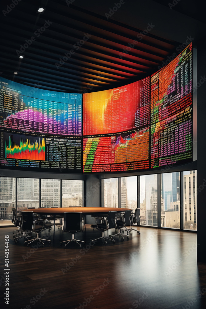 Fototapete  A panoramic image of a large stock market chart displayed on a digital screen in a trading room, showcasing the scale and volume of financial data.  Generative AI technology.