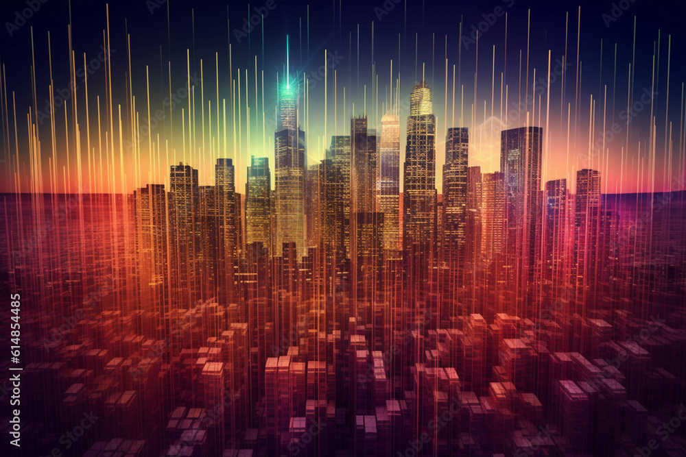 Poster a conceptual image of stock market chart lines merging with city skyscrapers, symbolizing the influe
