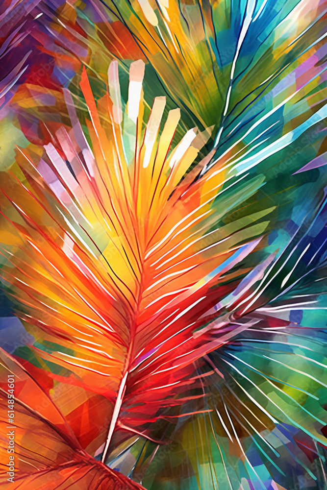 Aufkleber  A digital illustration of abstract palm fronds merged with vibrant watercolor splashes, creating a fusion of natural elements and artistic expression.  Generative AI technology.