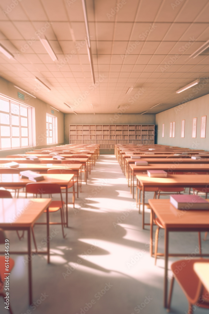 Aufkleber  A photograph of a classroom filled with rows of desks and open books, representing the learning environment and the quest for knowledge.  Generative AI technology.