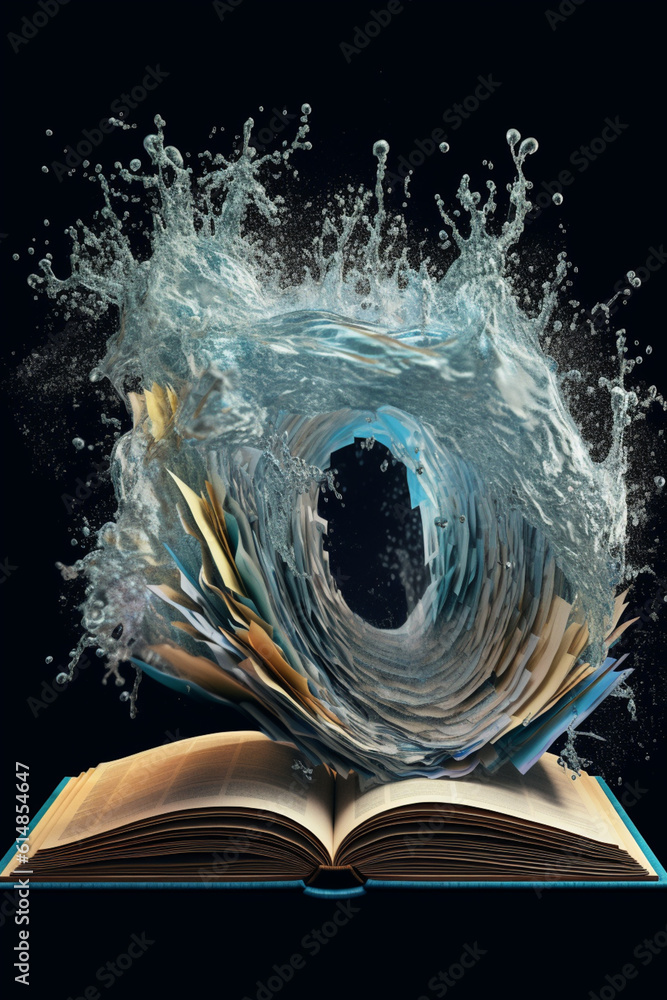 Poster  A digital composition of a book with pages composed of flowing water or waves, symbolizing the continuous flow of knowledge and the fluidity of learning.  Generative AI technology.
