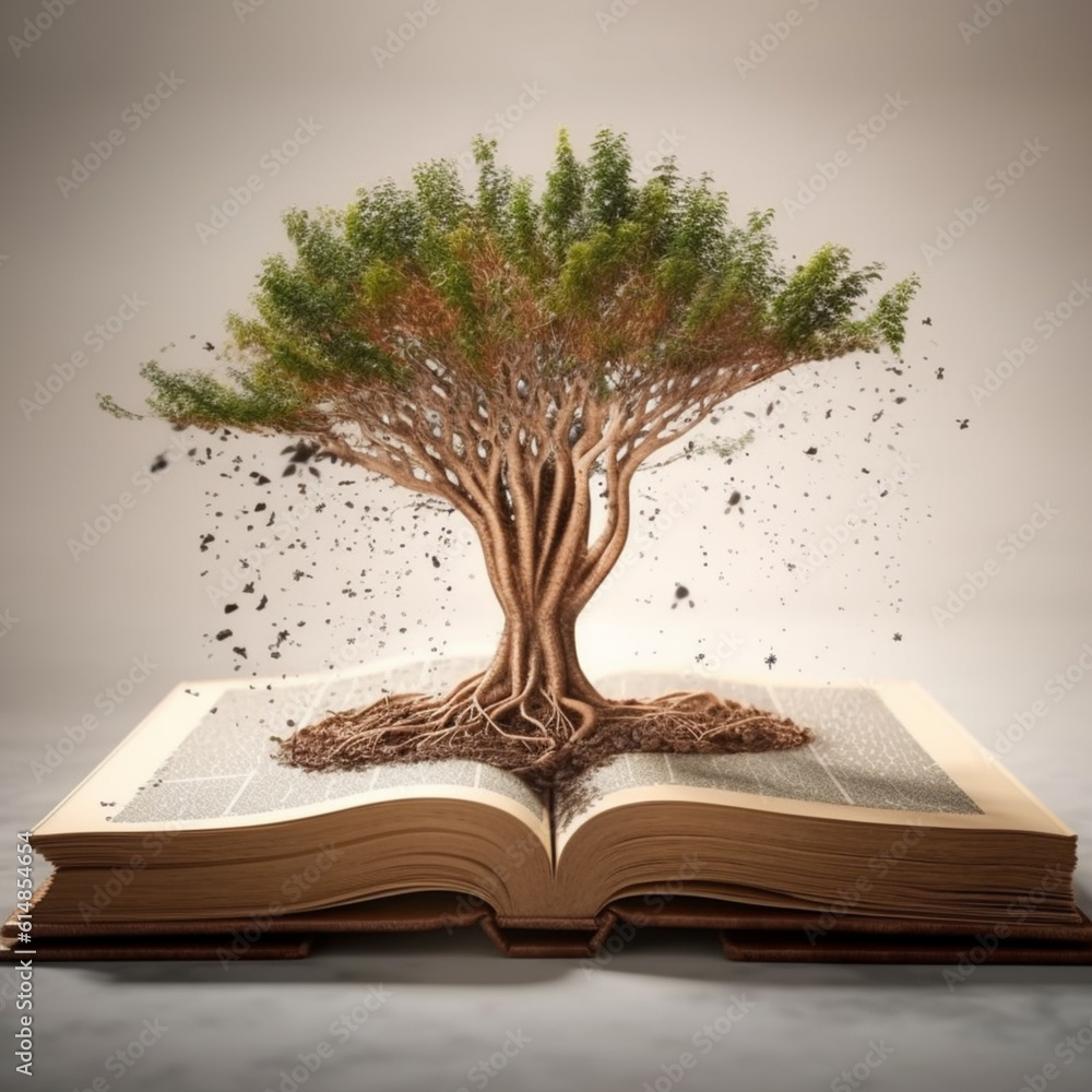 Poster  A conceptual image of a book morphing into a tree with roots spreading out, representing how knowledge and education nourish and sustain personal growth.  Generative AI technology.