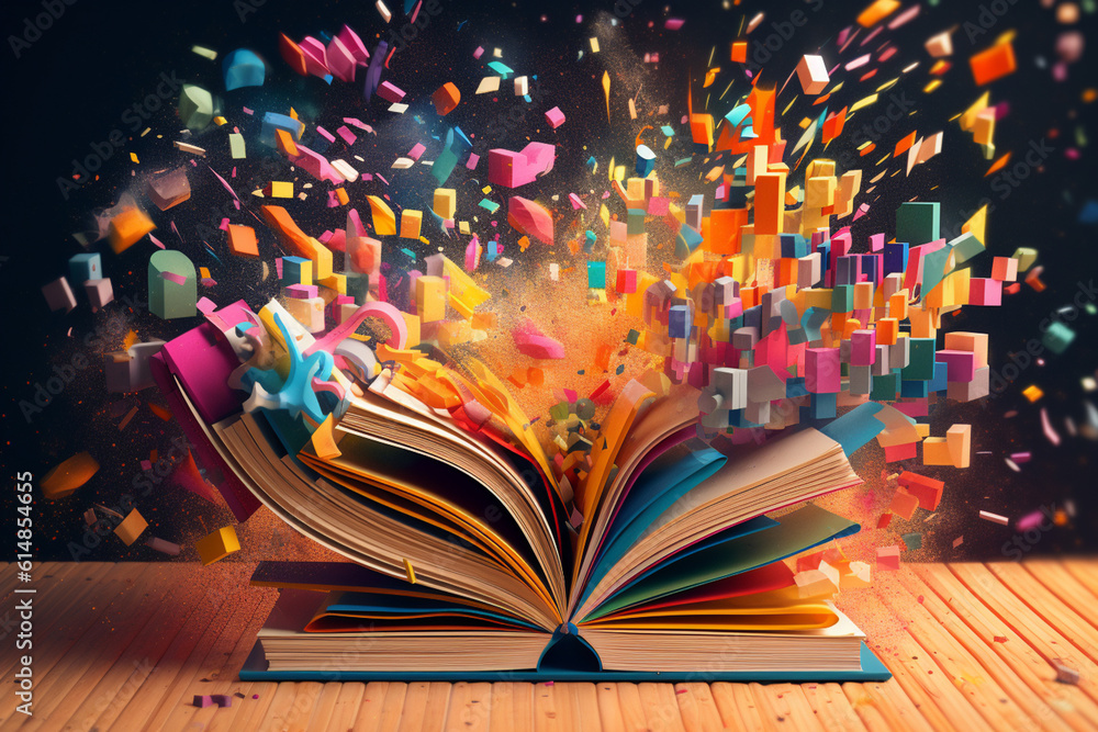 Poster an artistic illustration of a book surrounded by a burst of colorful abstract shapes and lines, repr