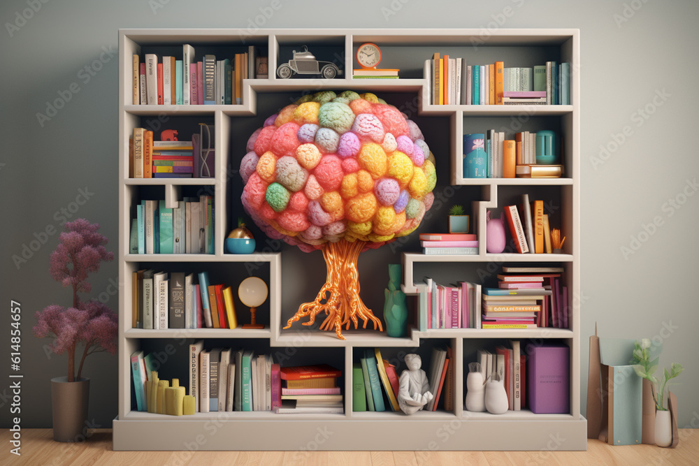 Aufkleber  An illustration of a bookshelf with books arranged in the shape of a human brain, highlighting the connection between education and cognitive development.  Generative AI technology.