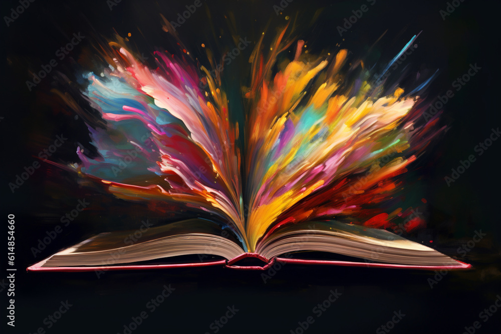 Poster an abstract painting of a book with vibrant and expressive brushstrokes, symbolizing the power of im