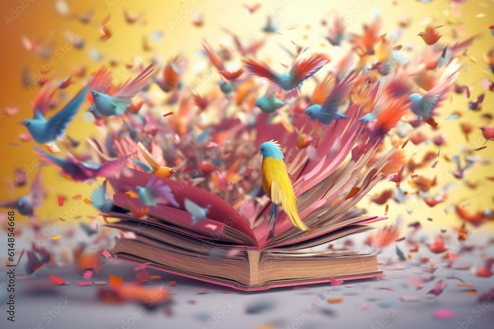 Aufkleber an illustration of an abstract book morphing into a flock of birds, representing the freedom and lib