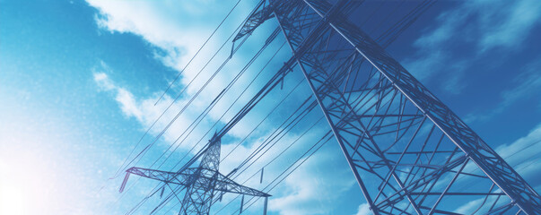 Transmission tower supporting overhead high-voltage power lines up close. generative ai