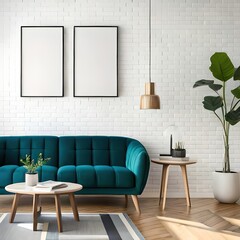 empty frames, luxury wall and blue royal sofa, lamp and tables, trendy vase with plant, carpet, floor, decoration using Generative Ai technologie