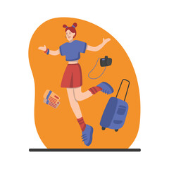 Cartoon cheerful happy girl going on trip and jumping. Active recreation during trip. Time for traveling abroad and visiting sightseeings. Travel agency tour customers. Vector