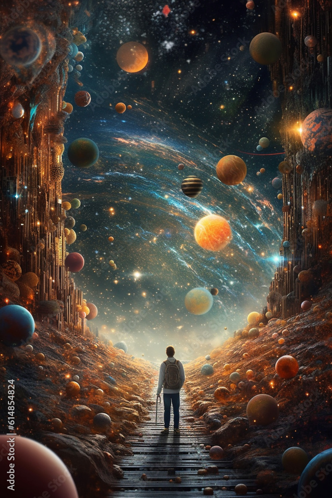 Aufkleber a digital artwork combining celestial elements, such as planets and constellations, with human figur