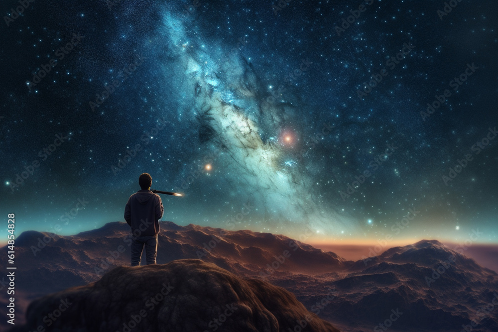 Poster a photograph capturing a person stargazing with a telescope, highlighting our fascination with the c