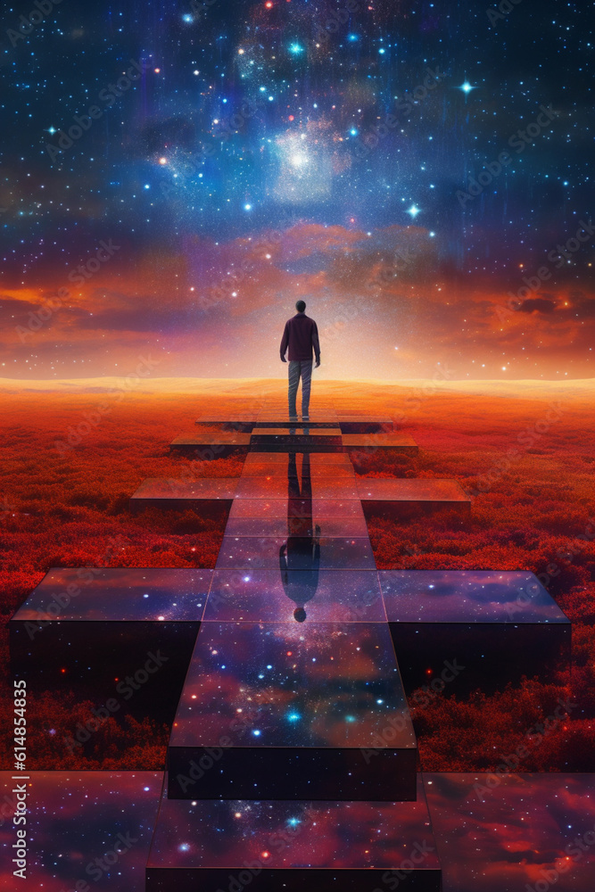 Fototapete  A digital composition featuring a person standing on a floating platform amidst a field of stars, representing our ability to navigate.  Generative AI technology.