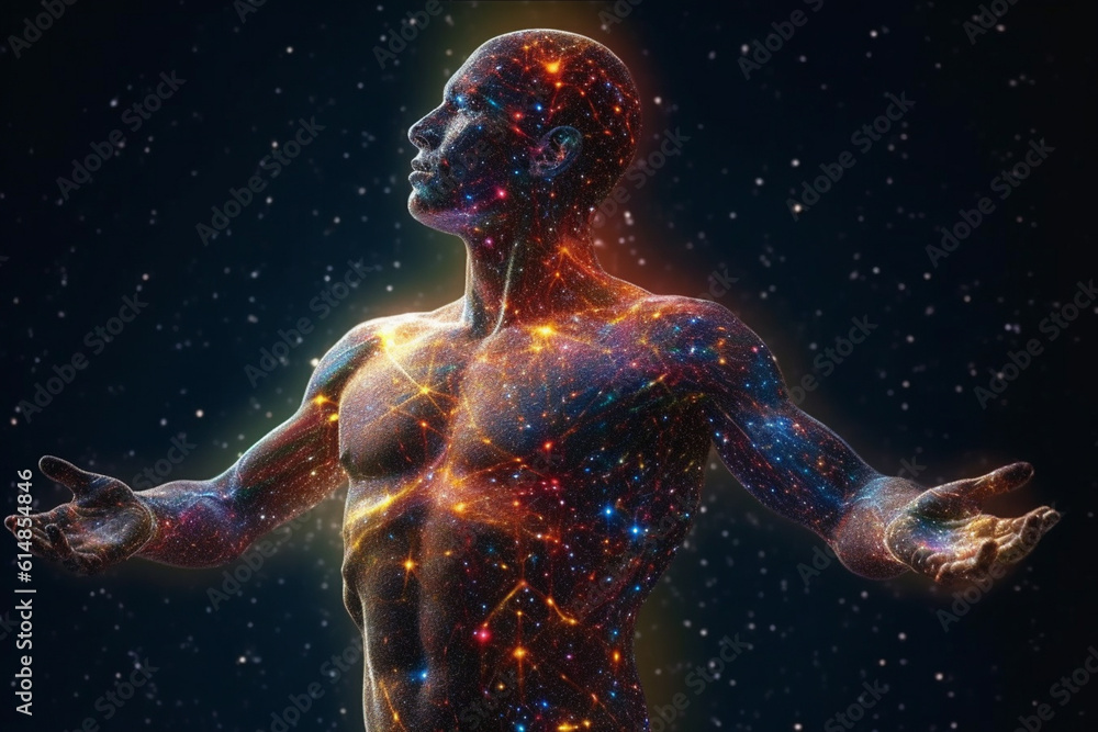 Poster person's body composed of constellations, highlighting the notion that we are made of stars and conn