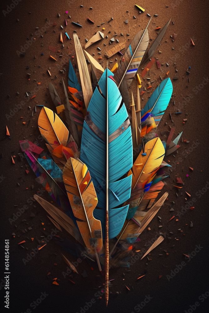 Poster a digital collage of abstract bow and arrow elements combined with natural textures, such as wood or