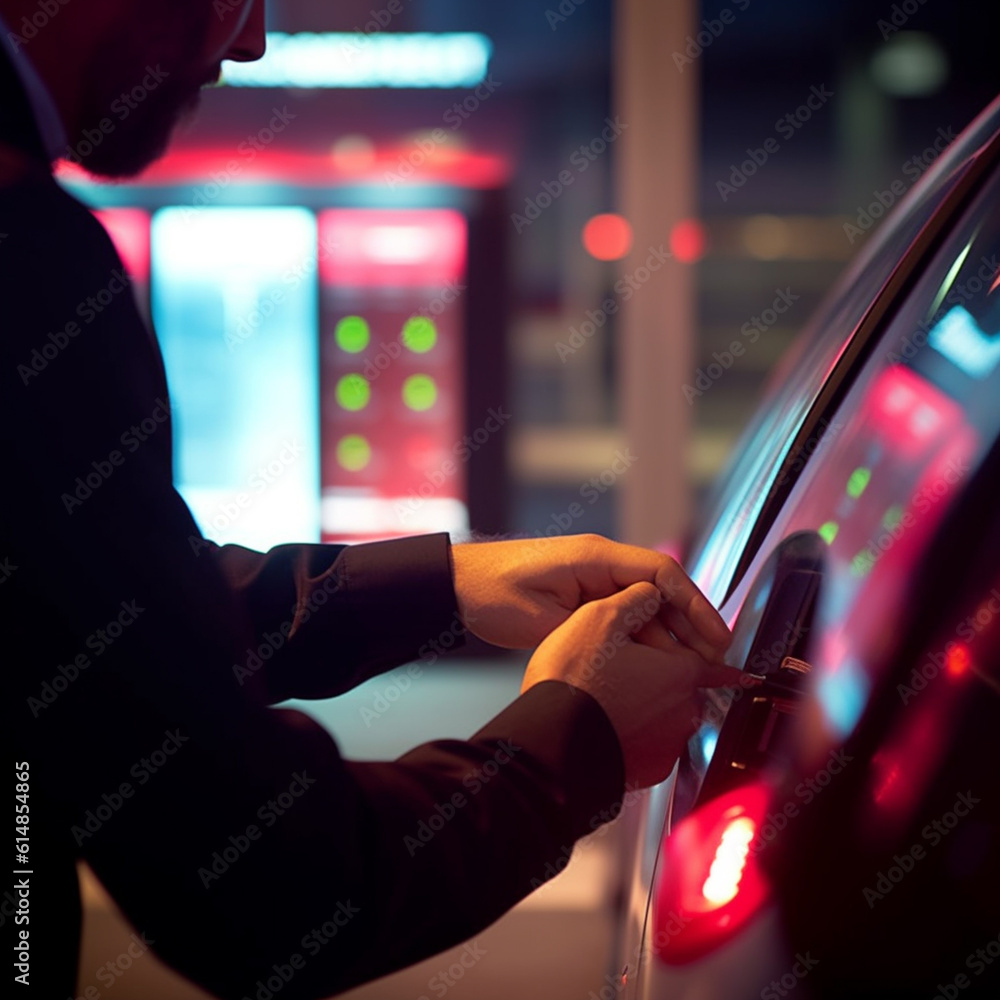 Poster a user interacting with a touch screen interface on an electric charging station, allowing them to m