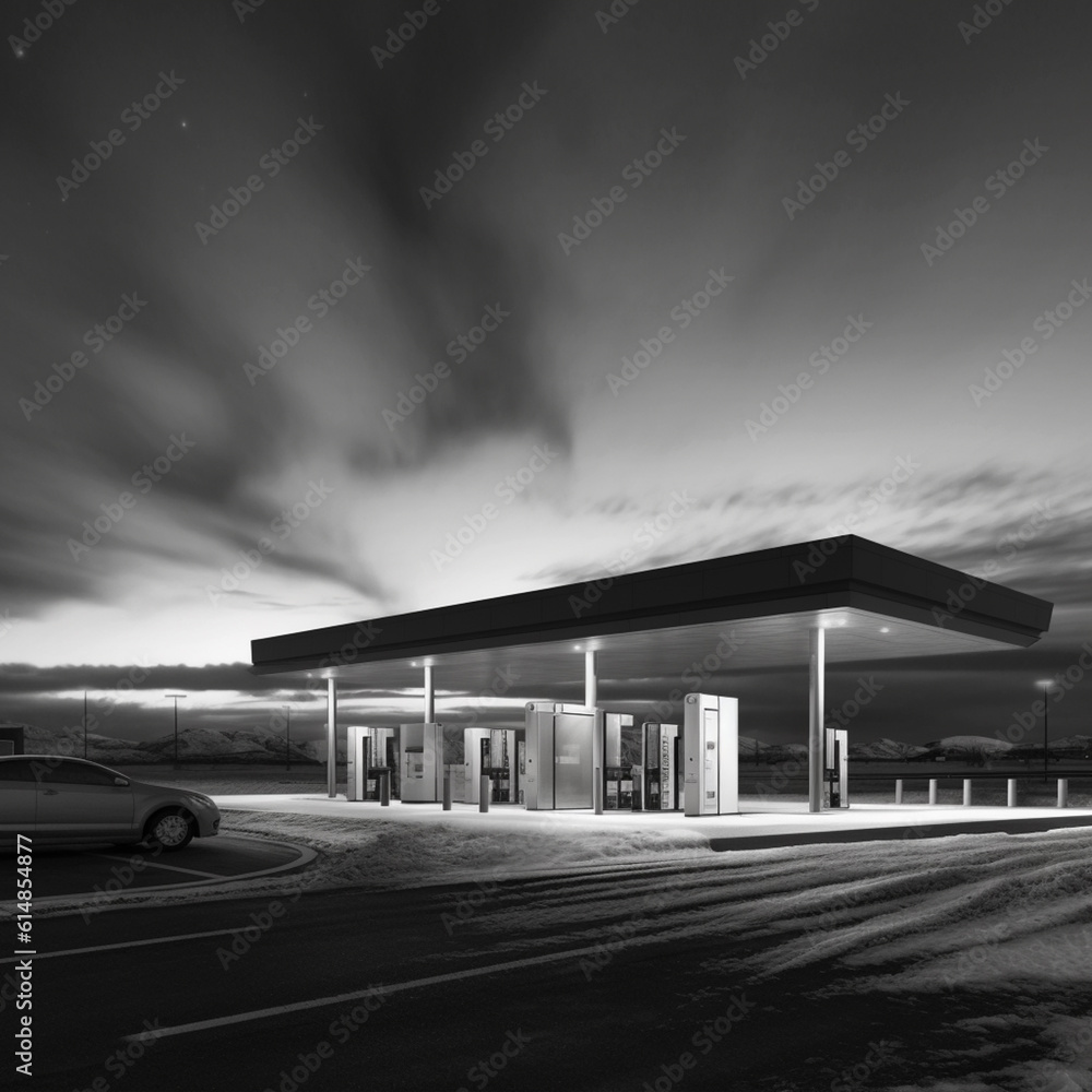 Aufkleber a black and white photograph of a charging station against a dramatic sky, creating a contrast betwe