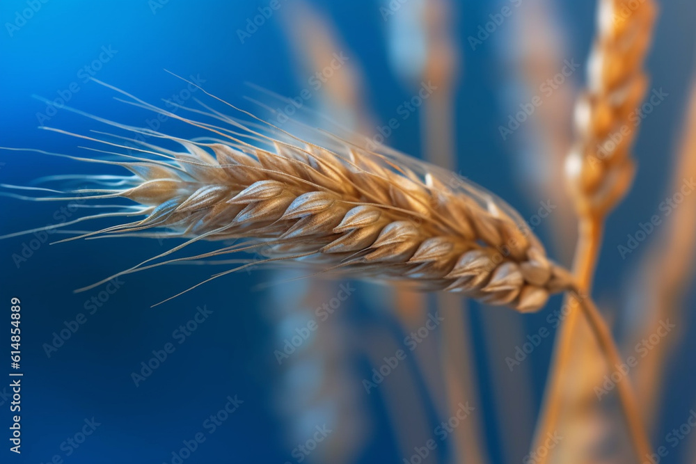 Aufkleber  A close-up image of a single wheat ear against a blurred background, highlighting the delicate structure and texture of the grain. Generative AI technology.