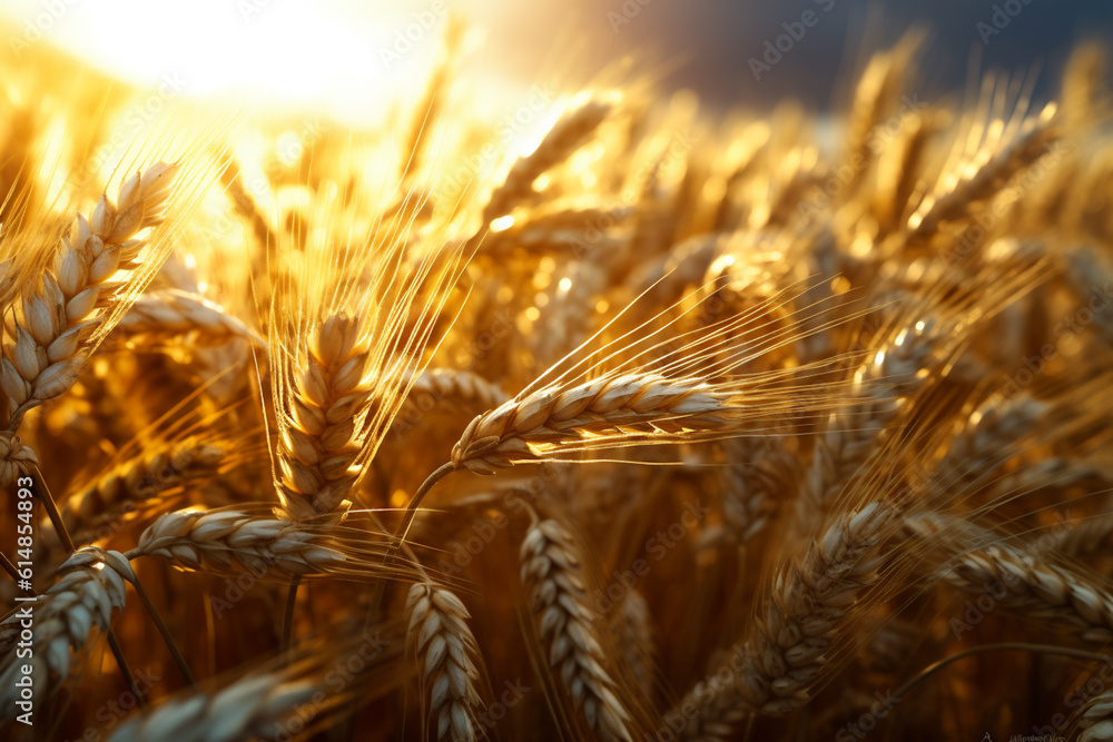 Poster close-up photograph of a golden wheat field, with the sunlight illuminating the swaying wheat ears, 