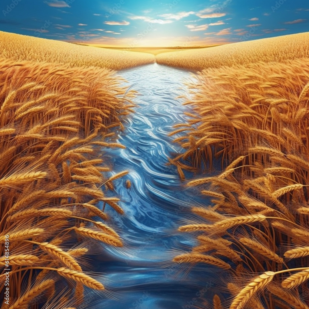 Aufkleber  A creative digital artwork depicting a field of wheat ears transforming into a flowing river, symbolizing the cycle of life and the nourishment provided by the grain.  Generative AI technology.