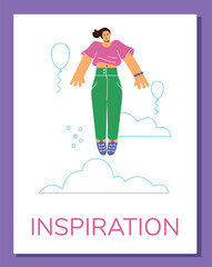Poster or vertical banner with flying woman flat style, vector illustration