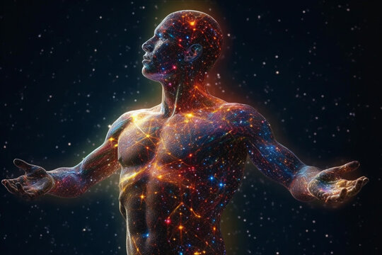  Person's Body Composed Of Constellations, Highlighting The Notion That We Are Made Of Stars And Connected To The Celestial Fabric Of The Universe.  Generative AI Technology.