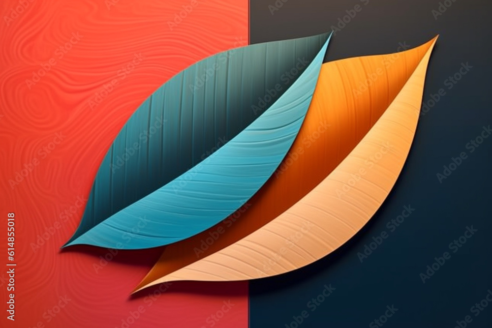 Poster a minimalist abstract painting of a leaf, with bold geometric shapes and contrasting colors, capturi