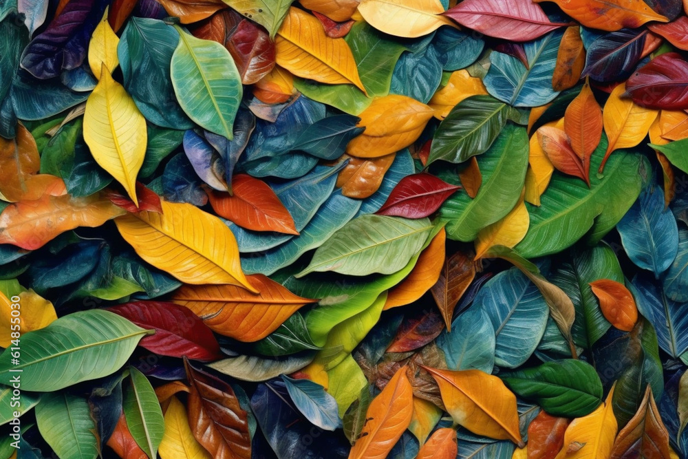 Poster  An abstract collage of various leaf shapes and sizes, arranged in a dynamic and visually stimulating manner, symbolizing the diversity and beauty of nature.  Generative AI technology.