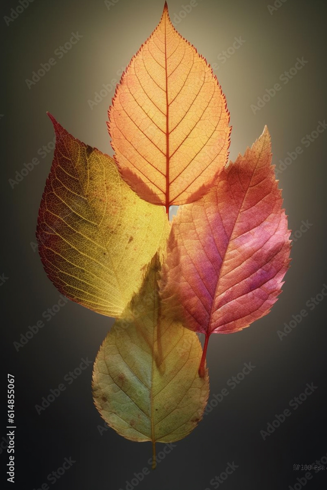 Poster a series of abstract photographs of leaves taken in different seasons, showcasing the transformation